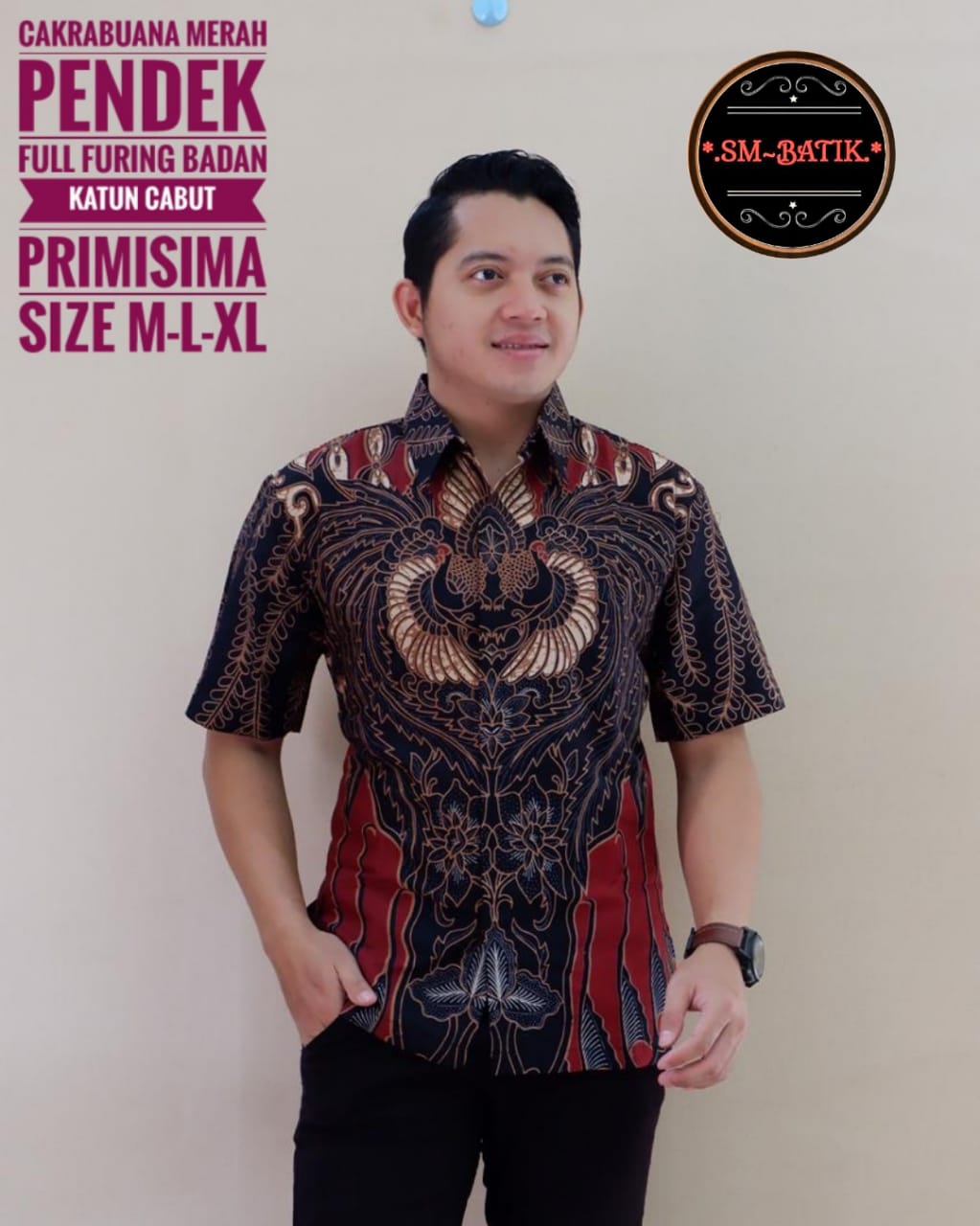 cover-CAKRABUANA MERAH Kemeja Batik Pria Solo Lengan Pendek Lapis Furing BY SM-1