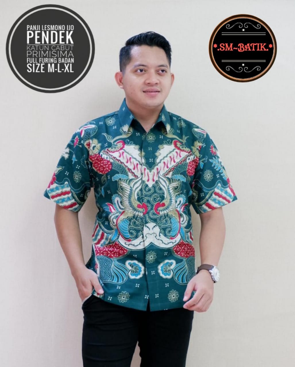 cover-PANJI LESMONO IJO Kemeja Batik Pria Solo Lengan Pendek Lapis Furing BY SM-1