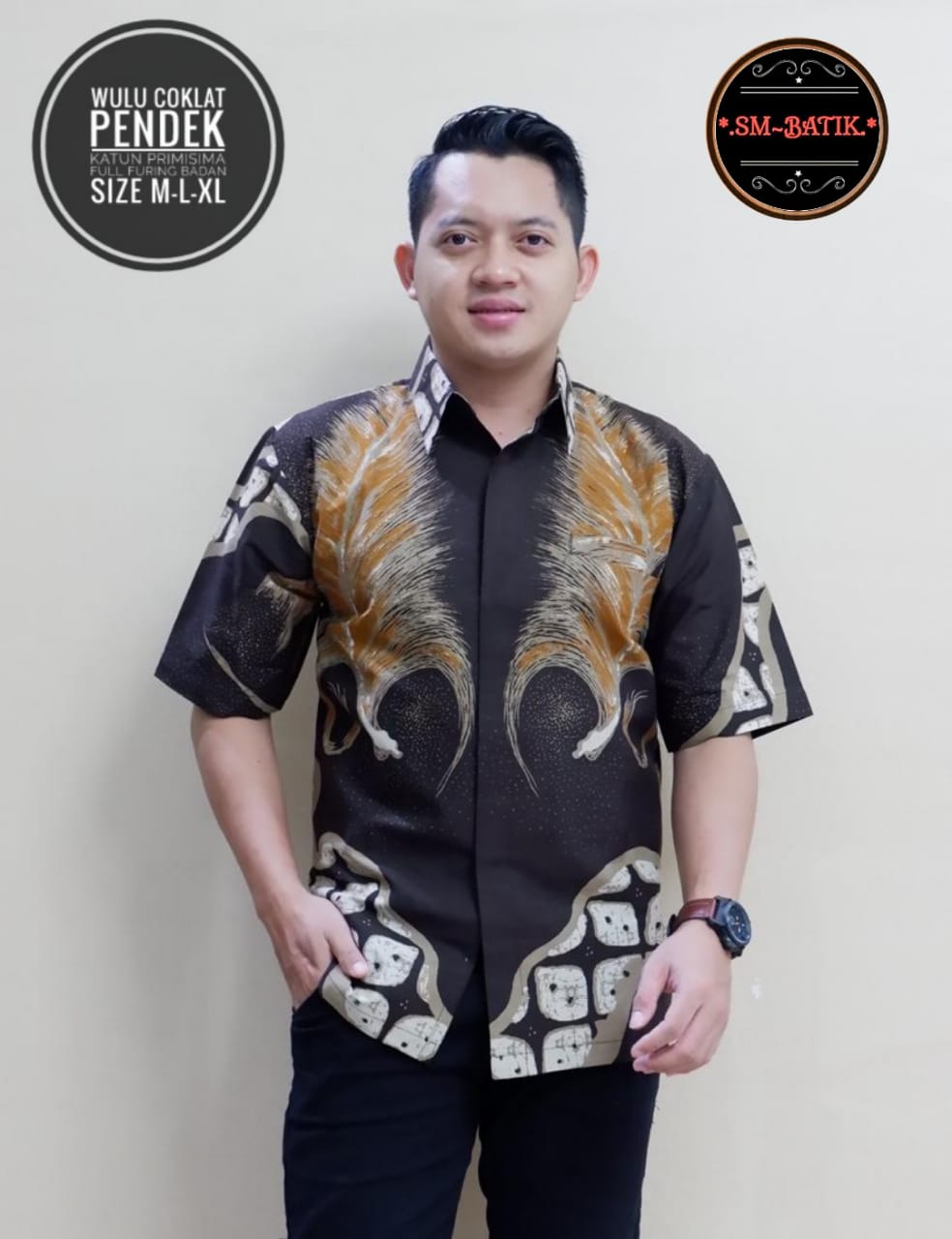 cover-WULU COKLAT Kemeja Batik Pria Solo Lengan Pendek Lapis Furing BY SM-1