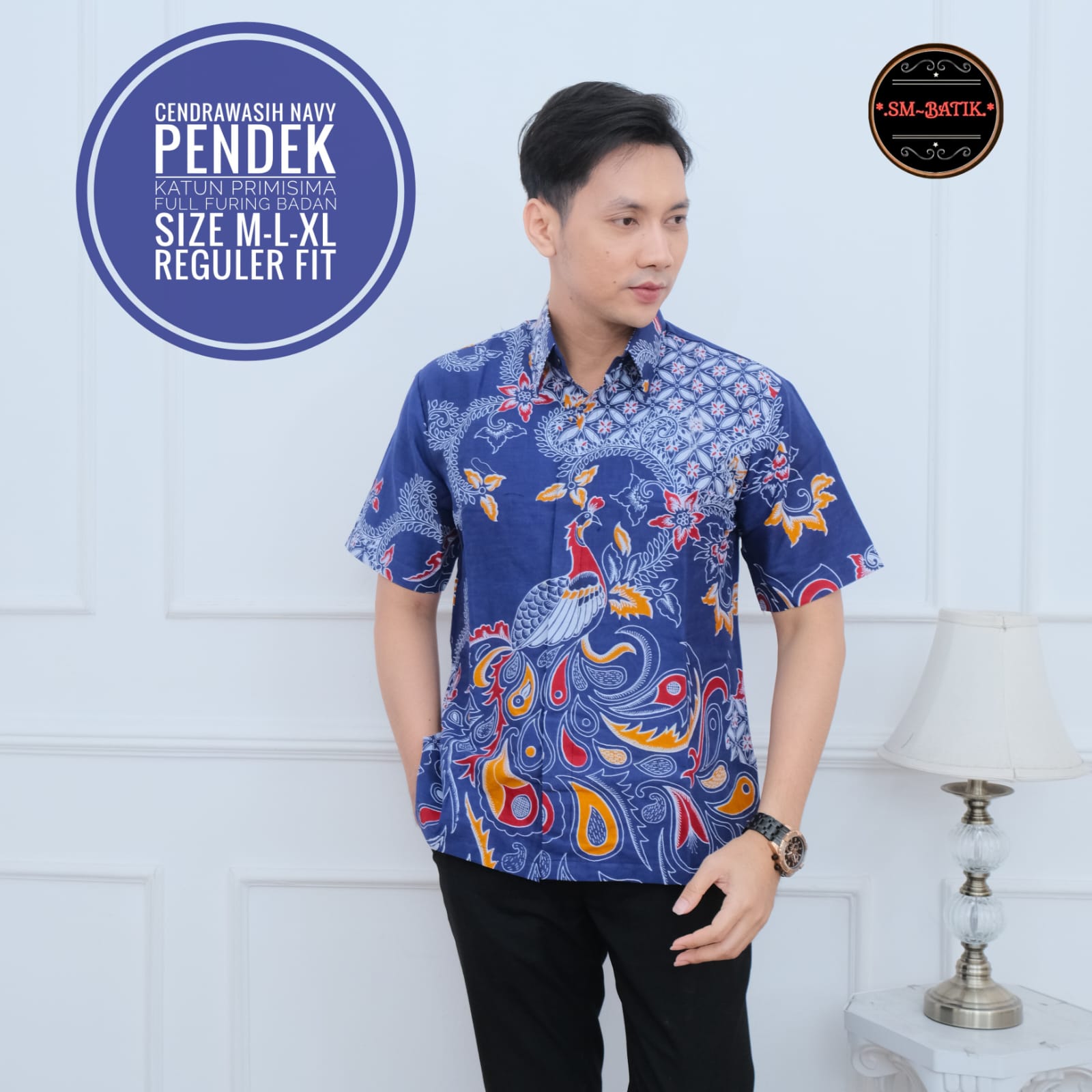 cover-CENDRAWASIH NAVY Kemeja Batik Pria Solo Lengan Pendek Lapis Furing BY SM-1
